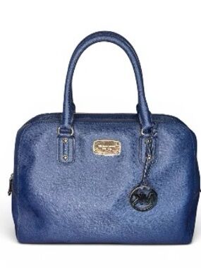 Michael Kors Blue Leather Saffiano Satchel Bowler – Structured Handbag w/ Charm